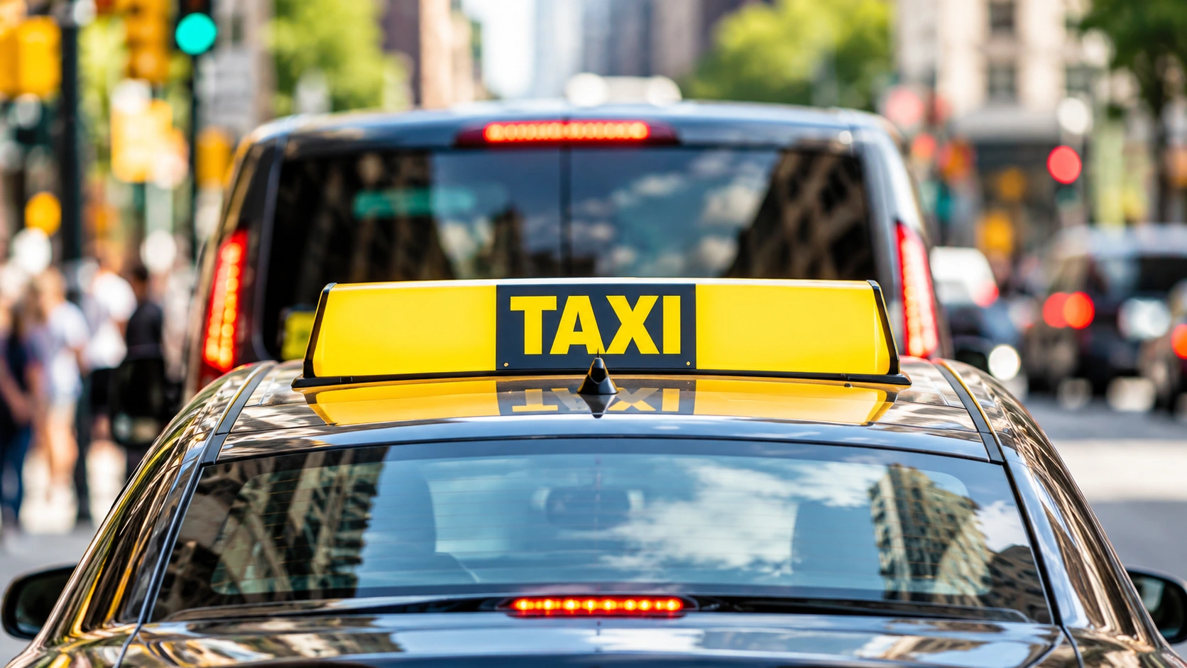 Yellow taxi roof sign mounted on a vehicle in city traffic